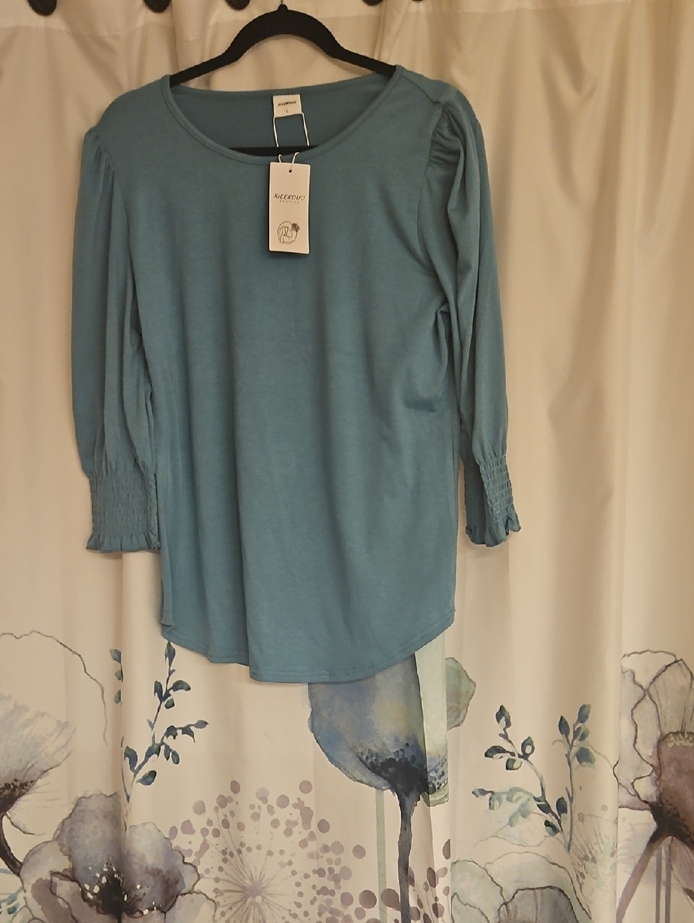 Women’s Smocked-Sleeve Long Sleeve Tee in Light Blue